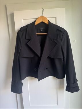 Halogen Black Cropped Double-Breasted Trench Jacket